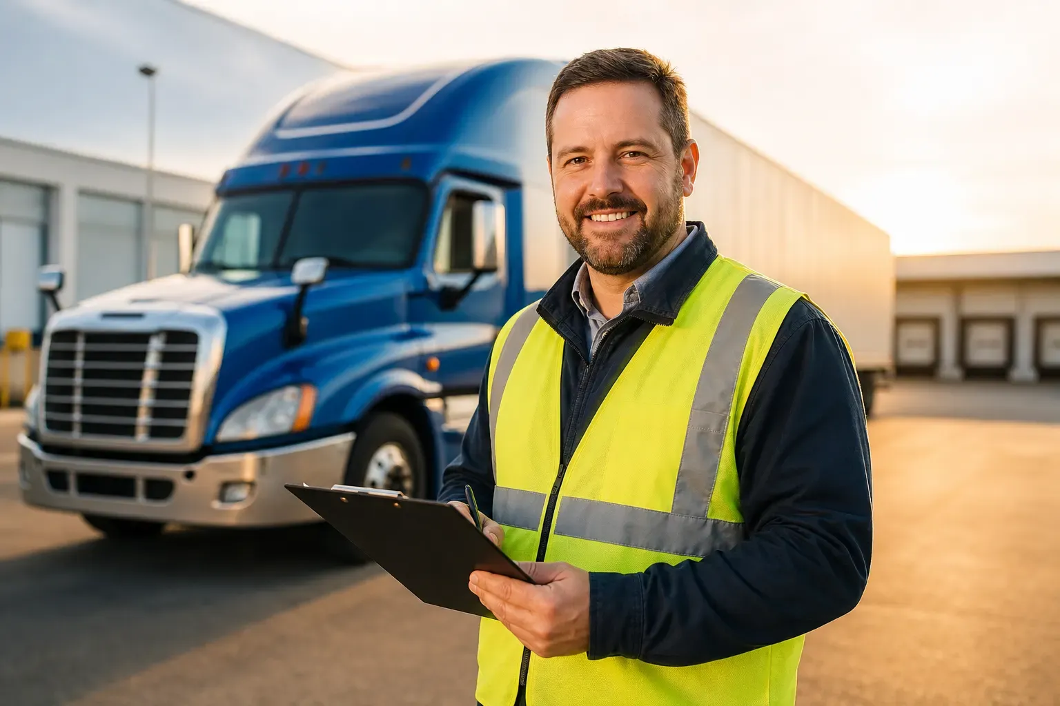 A safety-vested fleet manager reviewing compliance records in front of a truck