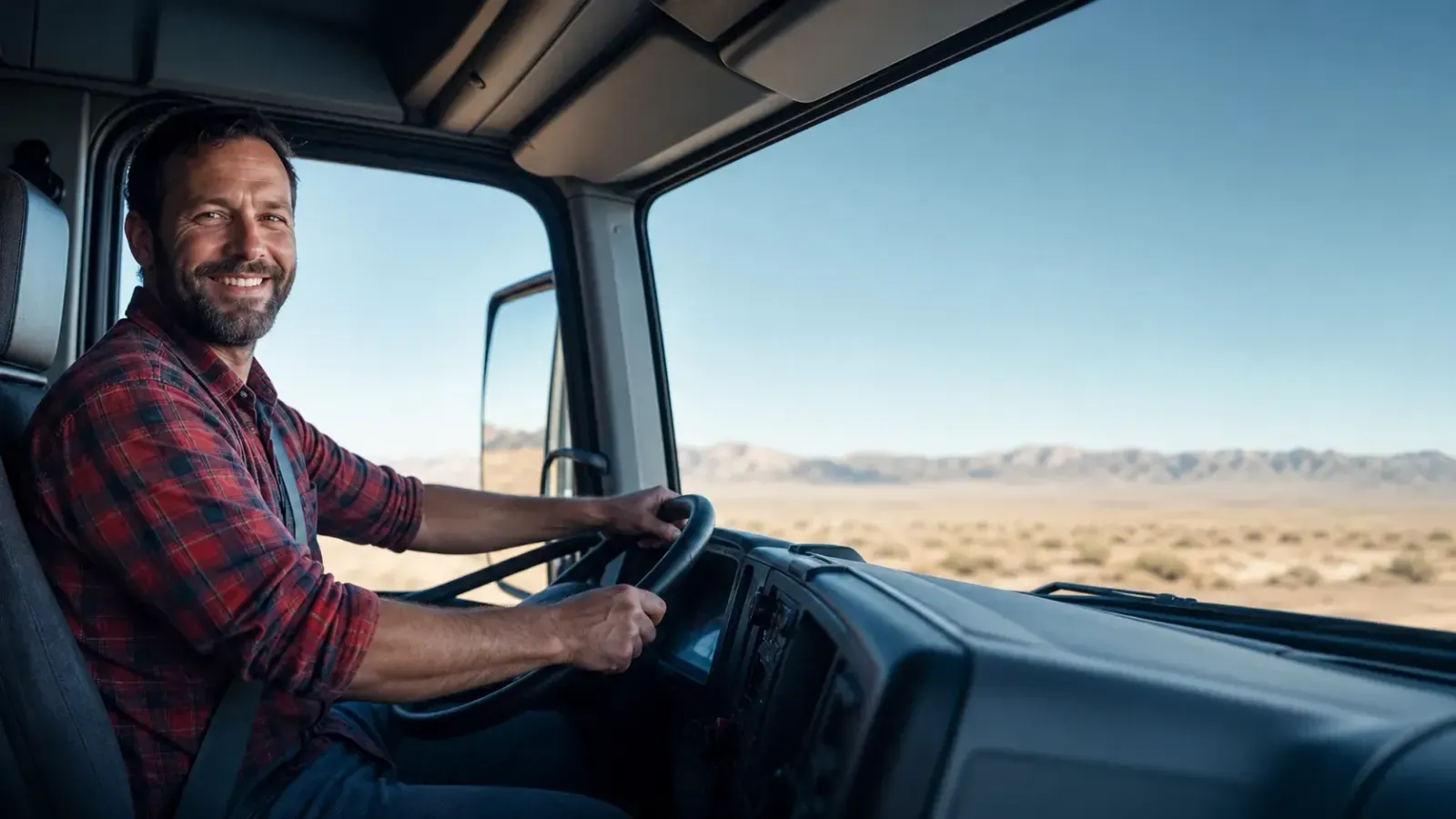Driver behind the wheel of a modern truck