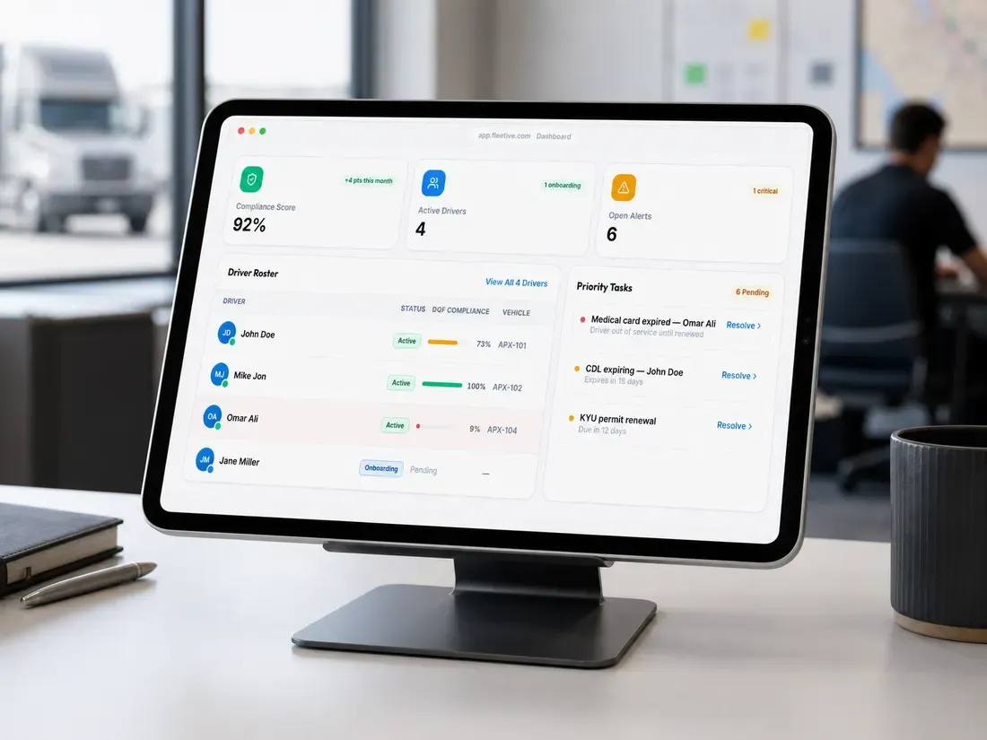 Fleetive dashboard on a tablet showing compliance, fleet, and settlement data