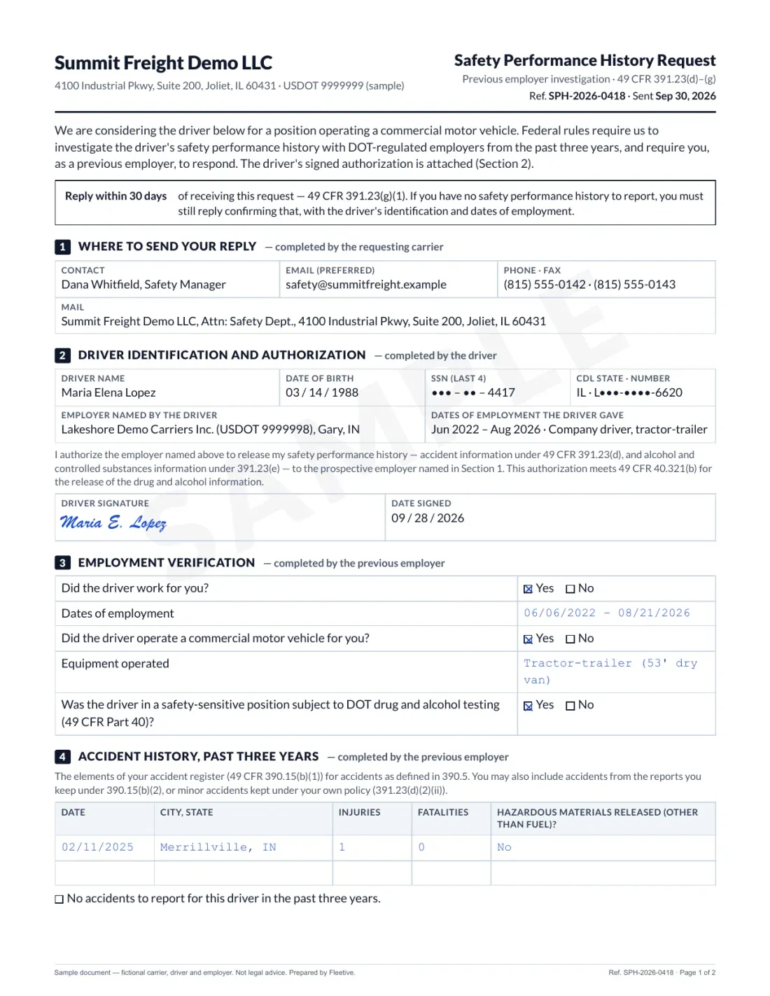 Page 1 of a sample Safety Performance History Request: the requesting carrier's contact details, the driver's identification and signed authorization, the previous employer's employment verification, and a three-year accident table