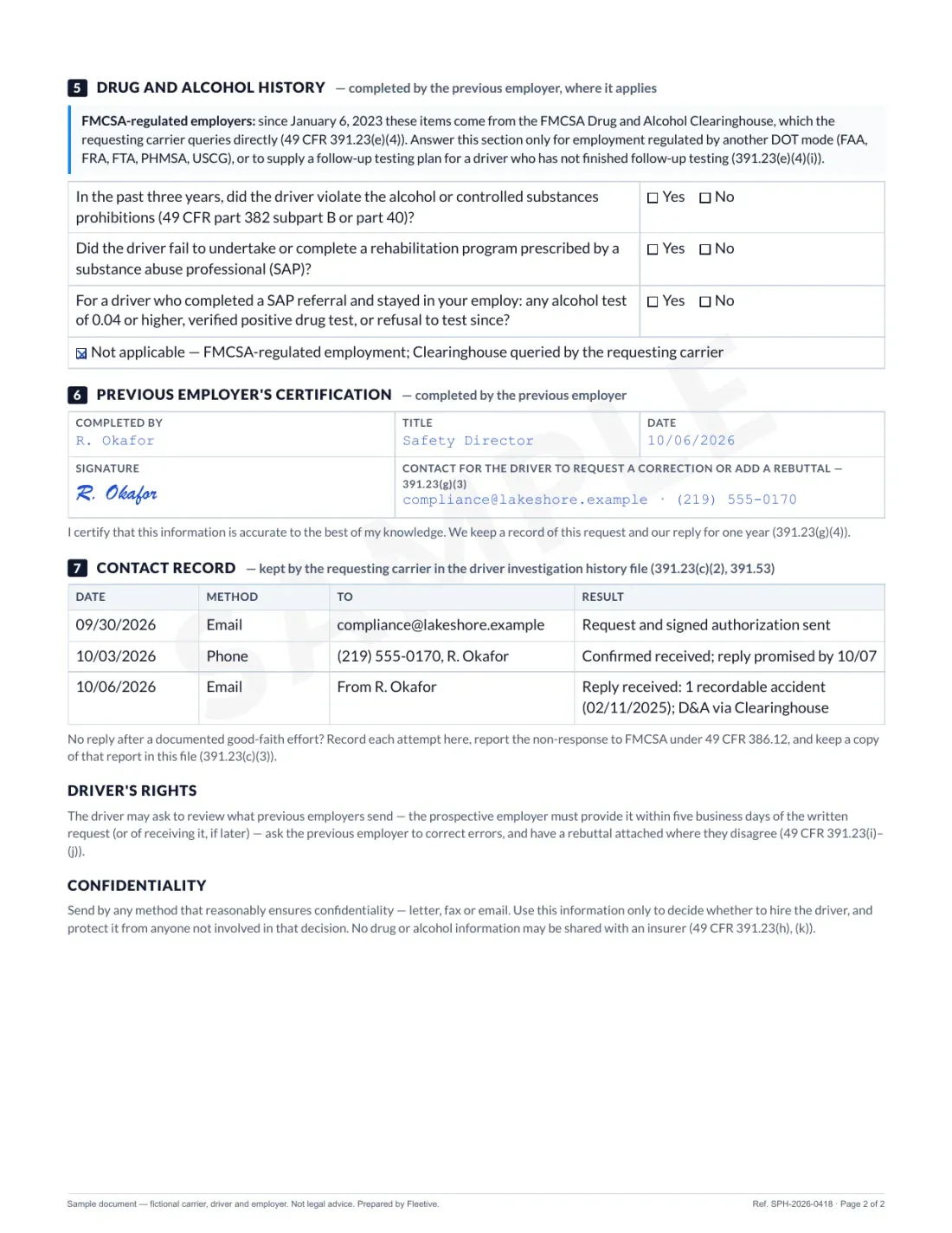 Page 2 of the sample request: drug and alcohol history marked not applicable because the Clearinghouse was queried, the previous employer's signed certification with a contact for corrections, and the requesting carrier's dated contact record