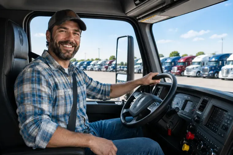 Smiling truck driver at the wheel with trucks parked outside — Fleetive is built for trucking carriers